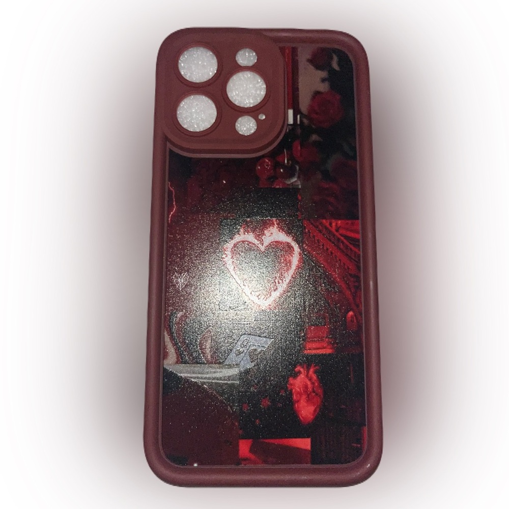 iPhone 15 ProMax Dark Red with Flammed Heart Print Soft Case Cover NWT